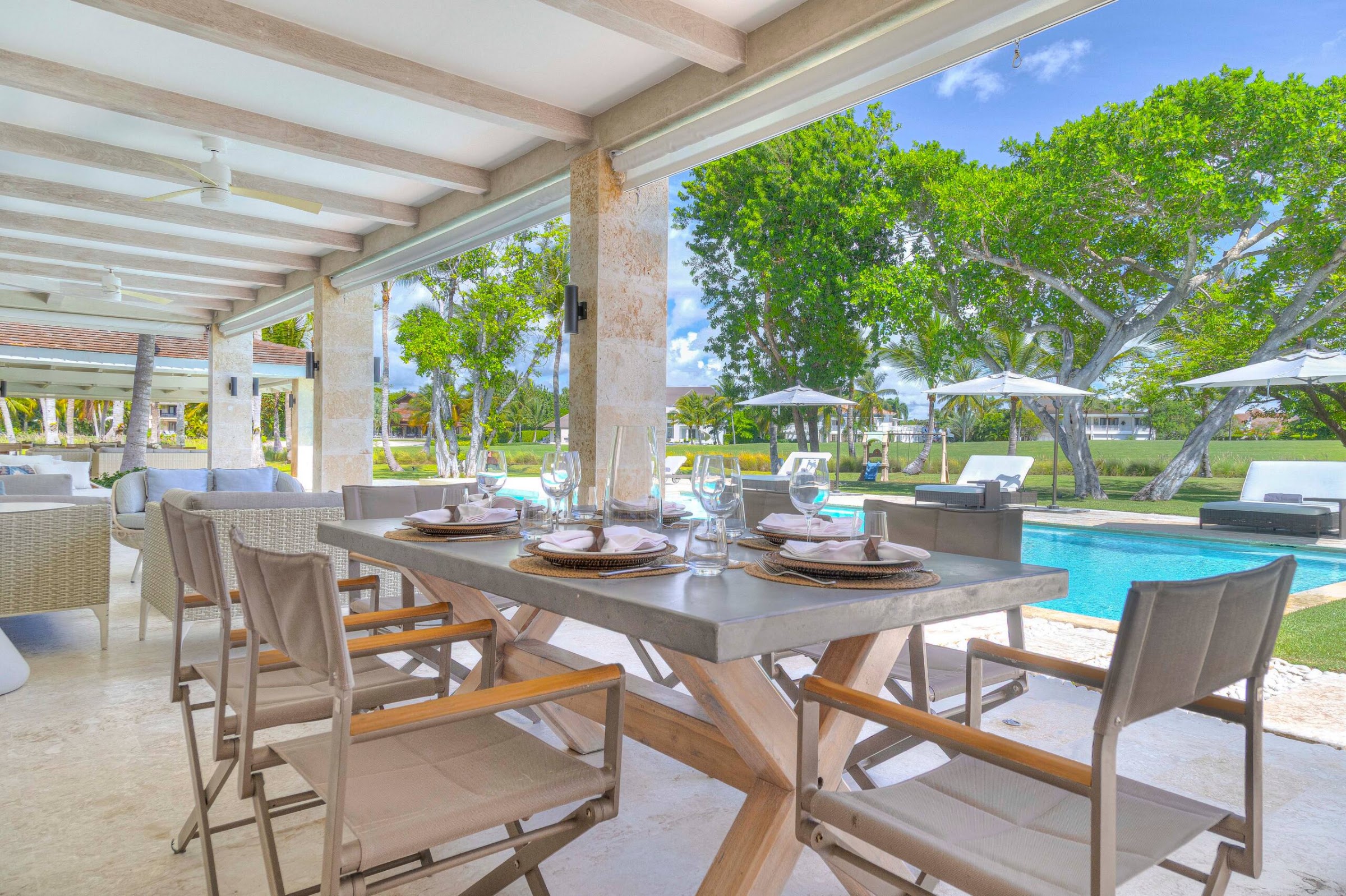 Table set for lunch beside the pool